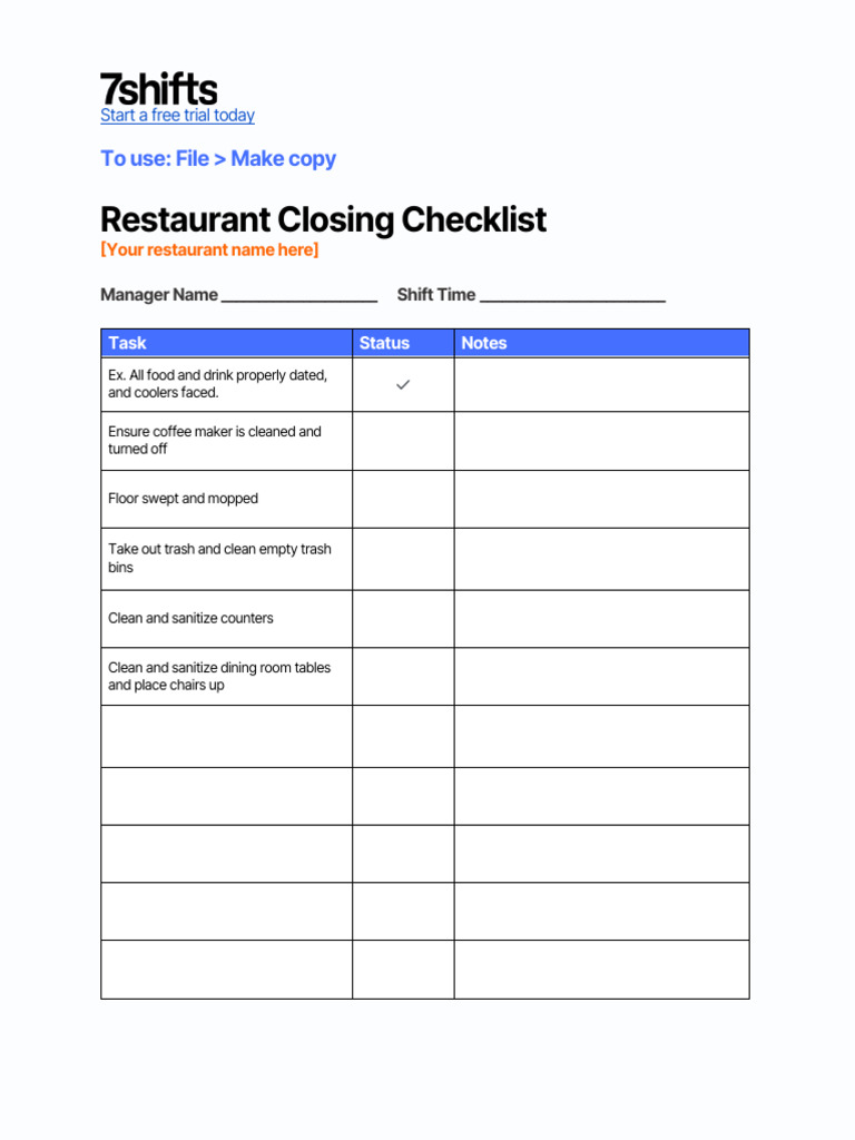 (Template) Restaurant Closing Checklist - 7shifts | PDF