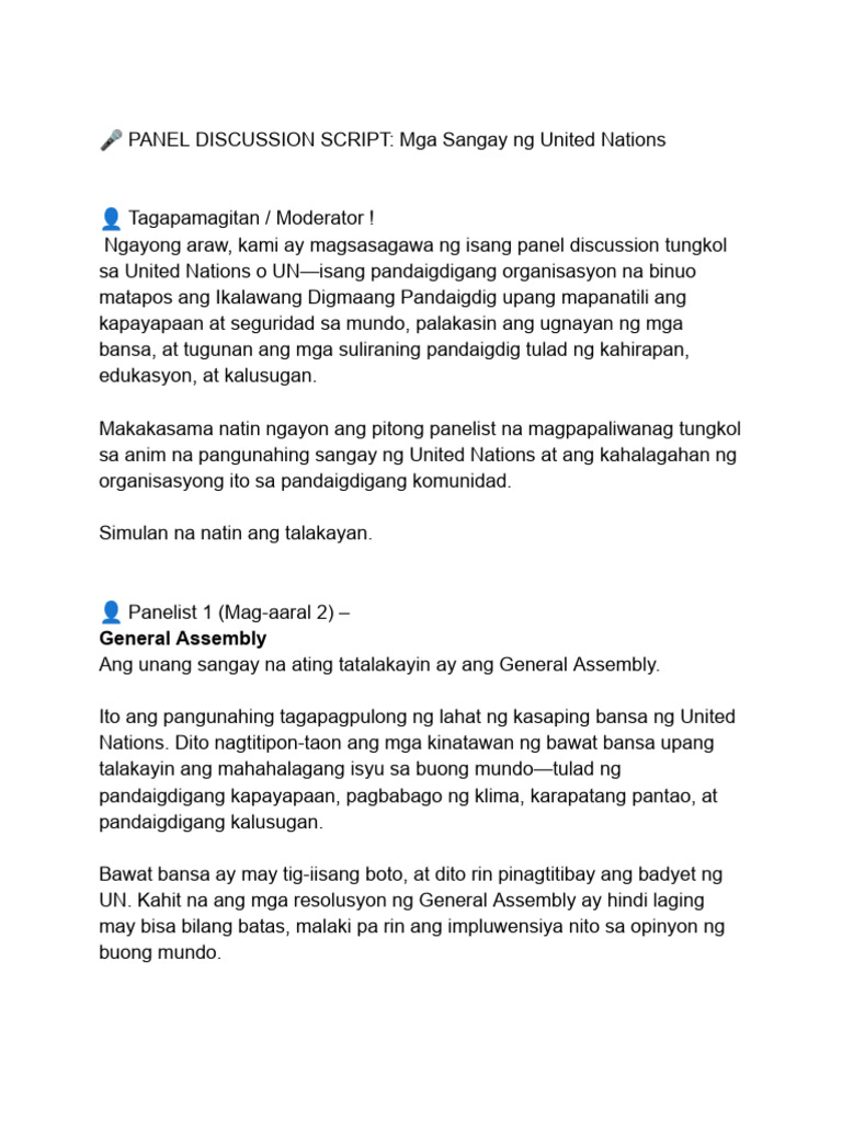 ? PANEL DISCUSSION SCRIPT - Mga Sangay NG United Nations | PDF