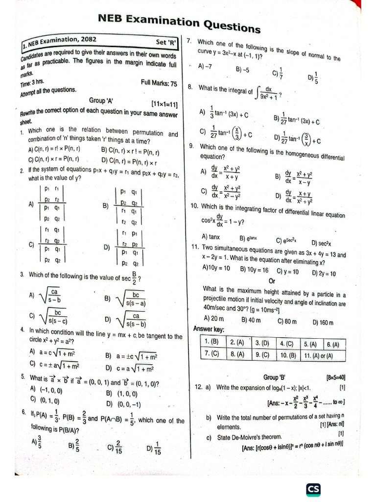 Neb 2082 C.maths Questions | PDF
