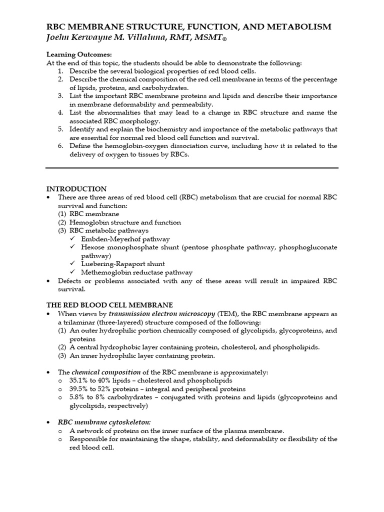 Hema 1 - RBC Membrane Structure and Function | PDF | Red Blood Cell ...