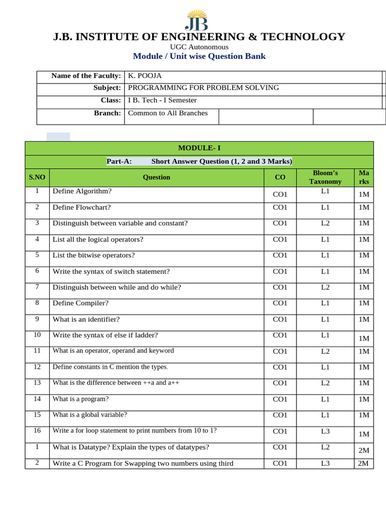 PPS Question Bank R25 I LSemester | PDF | Parameter (Computer ...