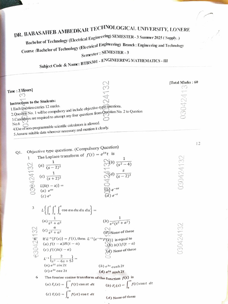 Q Paper EM III | PDF | Fourier Series | Mathematical Analysis