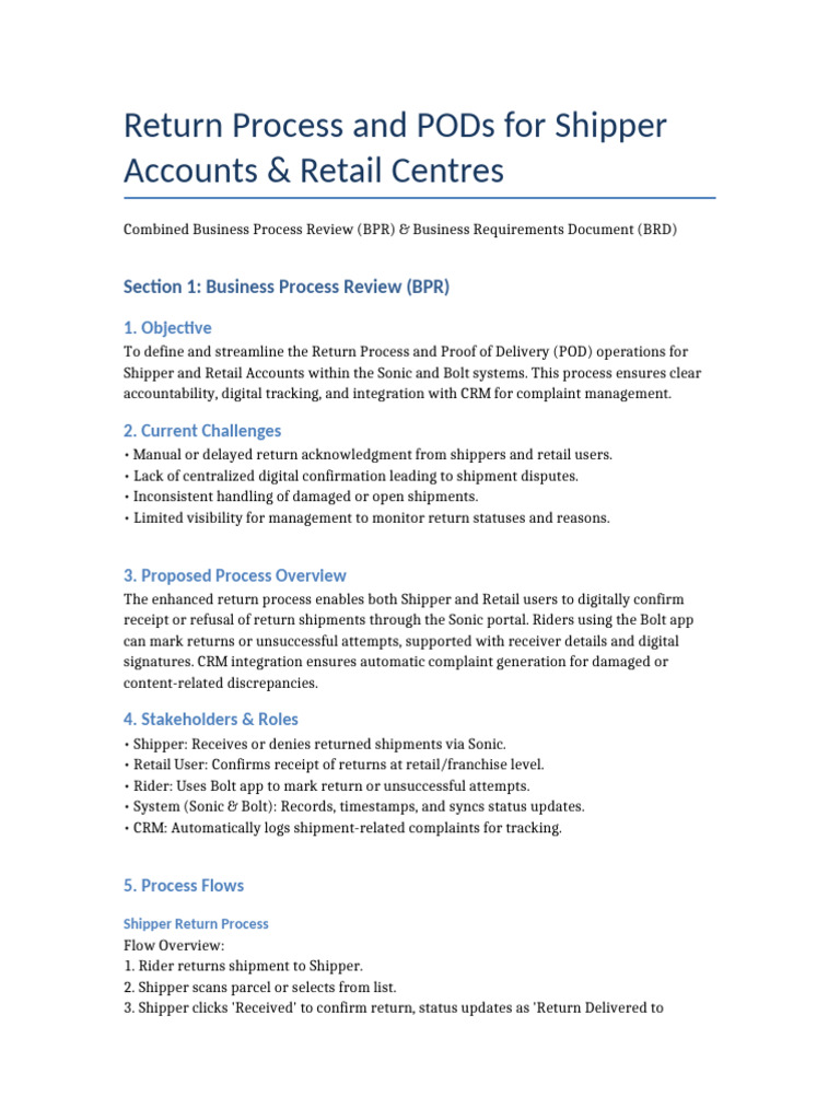 Return Process and PODs BPR BRD | PDF | Receipt | Software