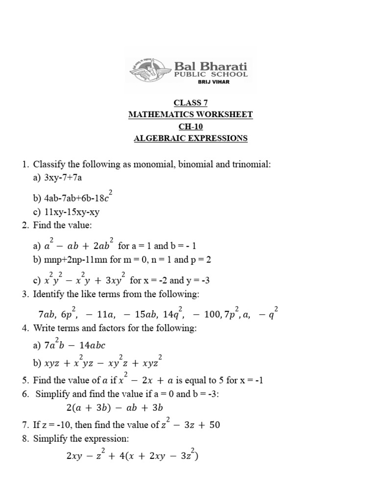 10 Algebraic Expressions 7th | PDF