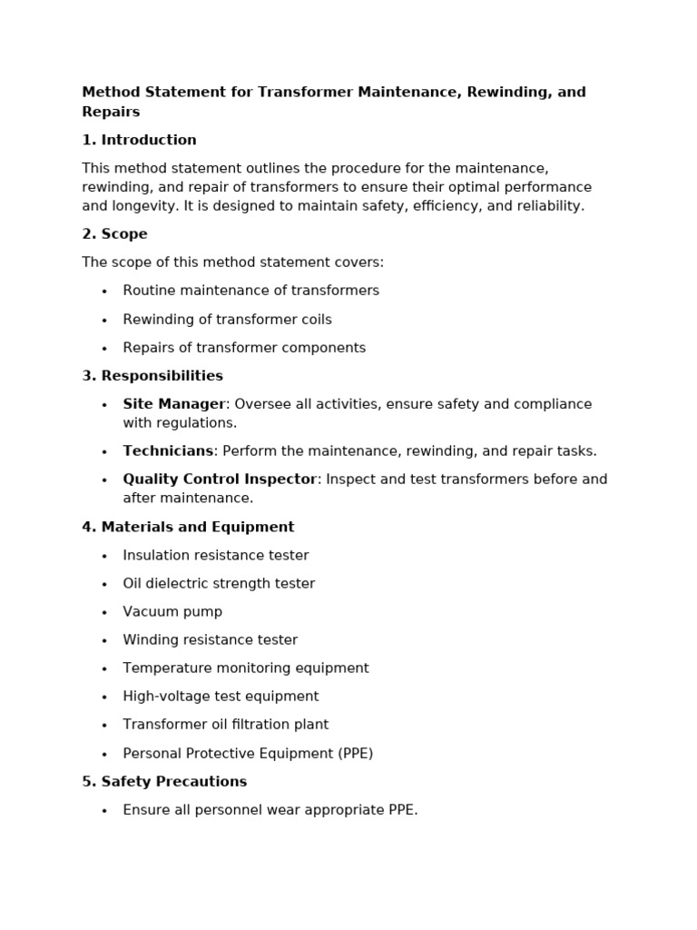 Method Statement For Transformer Maintenance, Rewinding | PDF ...