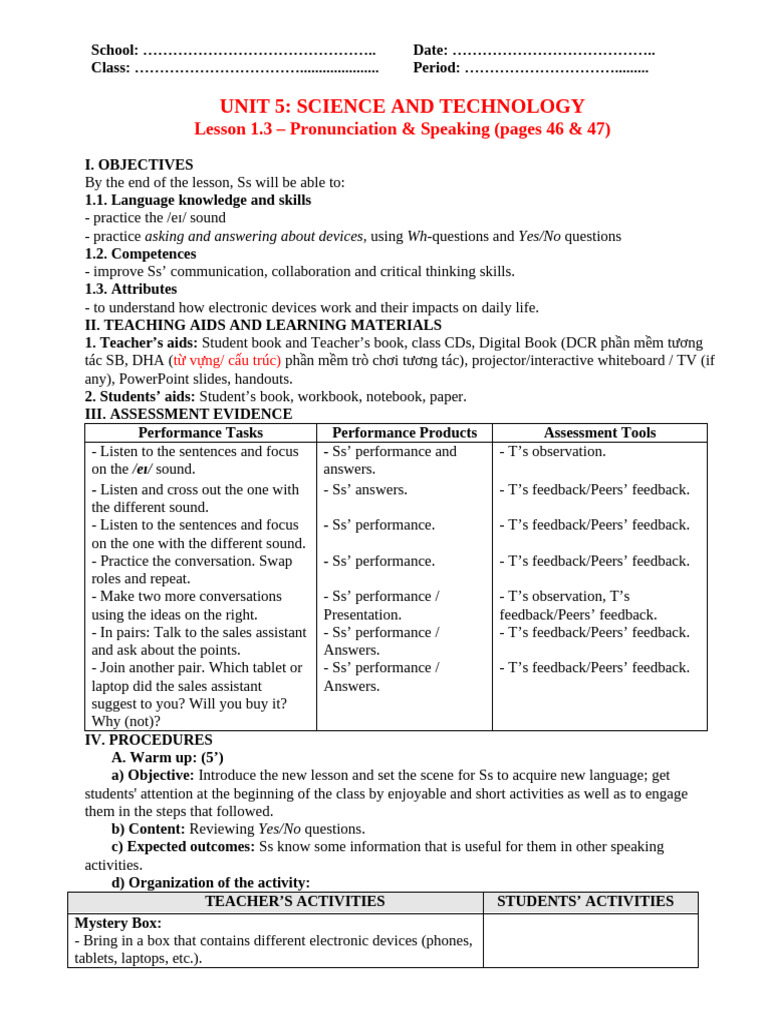 Unit 5 - Lesson 1.3 - Pronun and Speaking - Pages 47 & 48 | PDF | Human ...