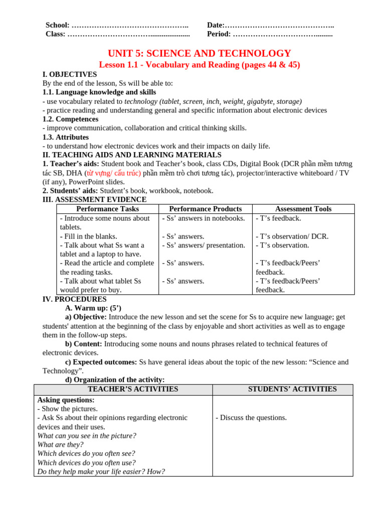 Unit 5 - Lesson 1.1 - Vocab and Reading - Pages 44 & 45 | PDF ...