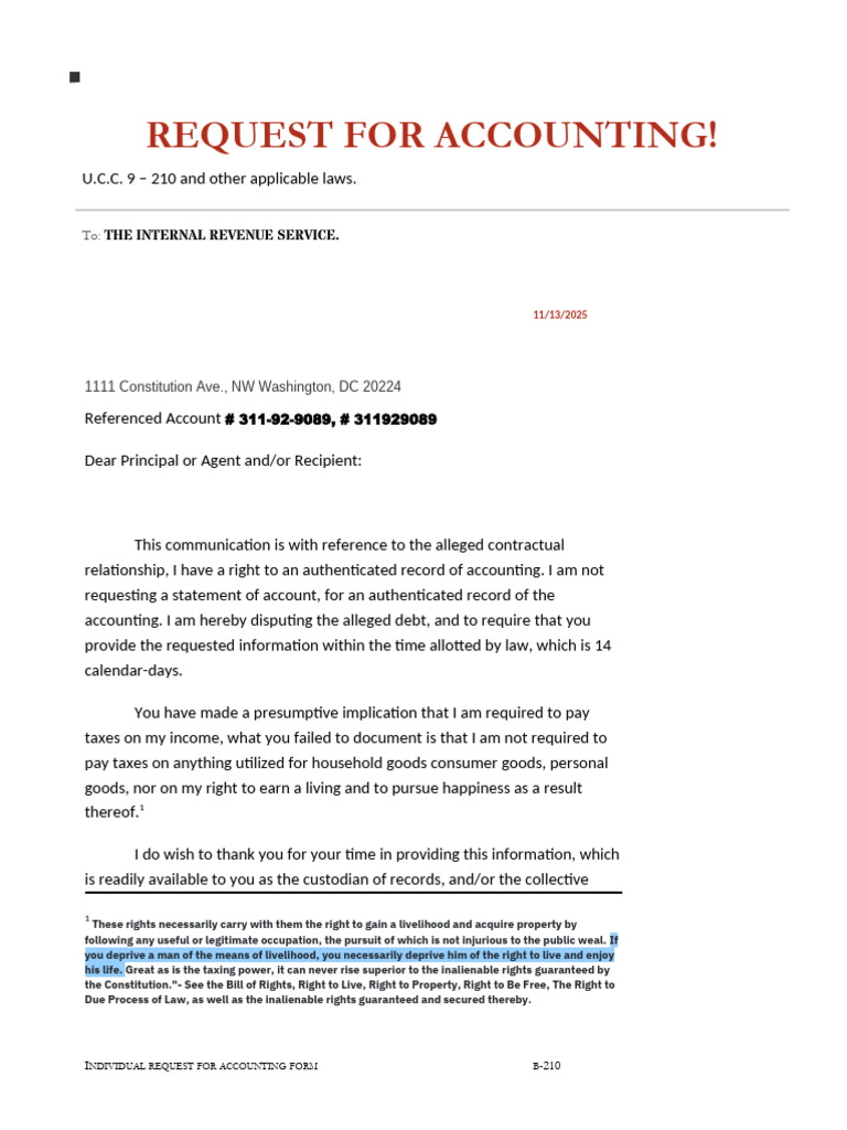 IRS Certified Assessment REQUEST FOR ACCOUNTING Form | PDF | Cost Of ...