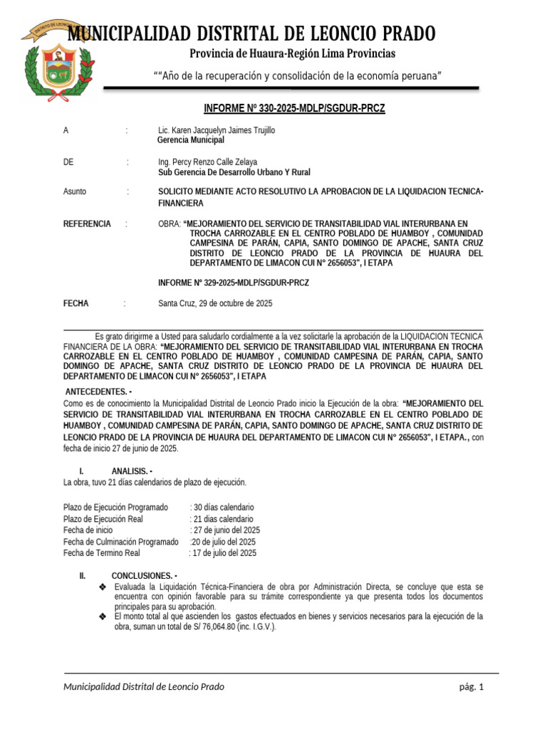 Informe #330 - Solicito Aprobacion Mediante Resolucion La Aprobacion de ...