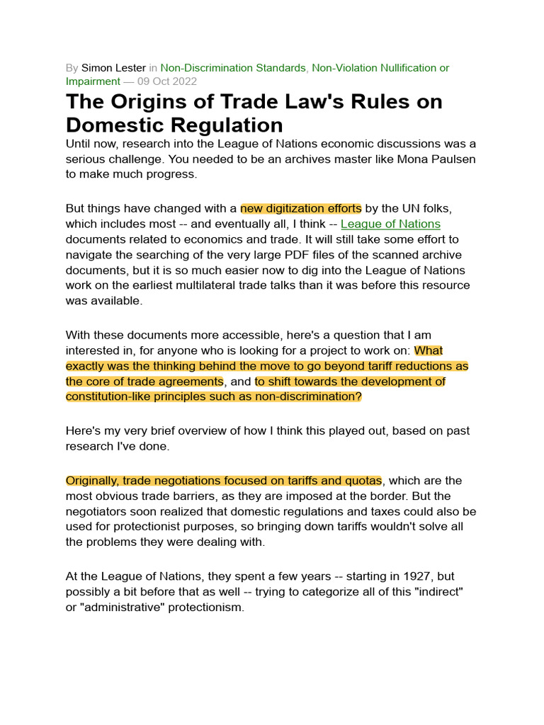 Simon Lester, The Origins of Trade Law's Rules On Domestic Regulation ...
