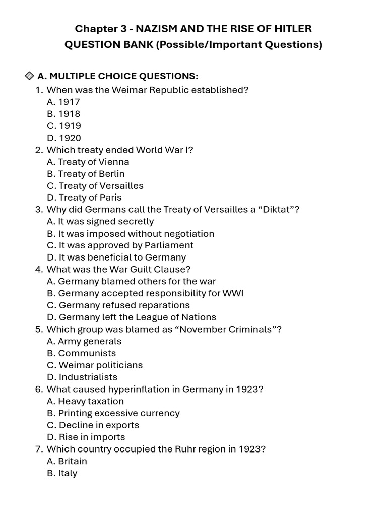 History - CH 3 - Possible Questions | PDF | Nazi Germany | Weimar Republic