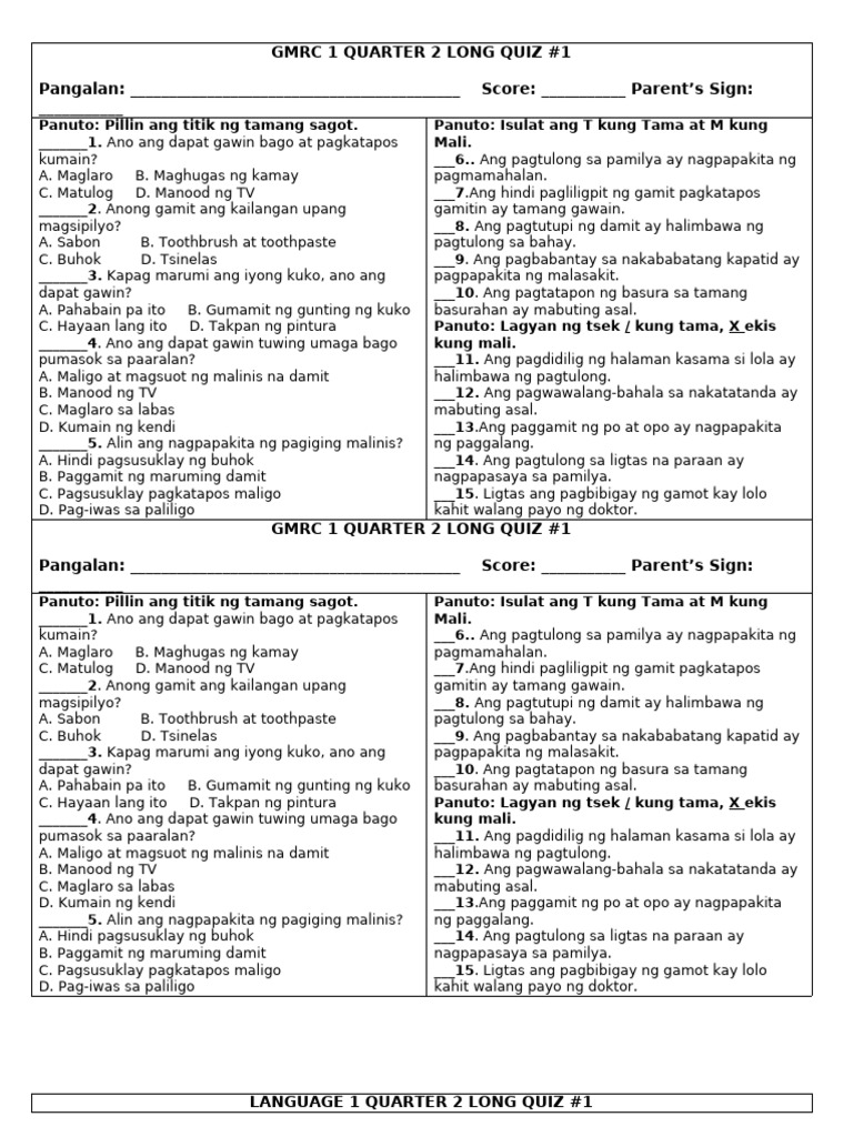 All Subjects Quarter 2 Long Quiz Week 1 3 | PDF