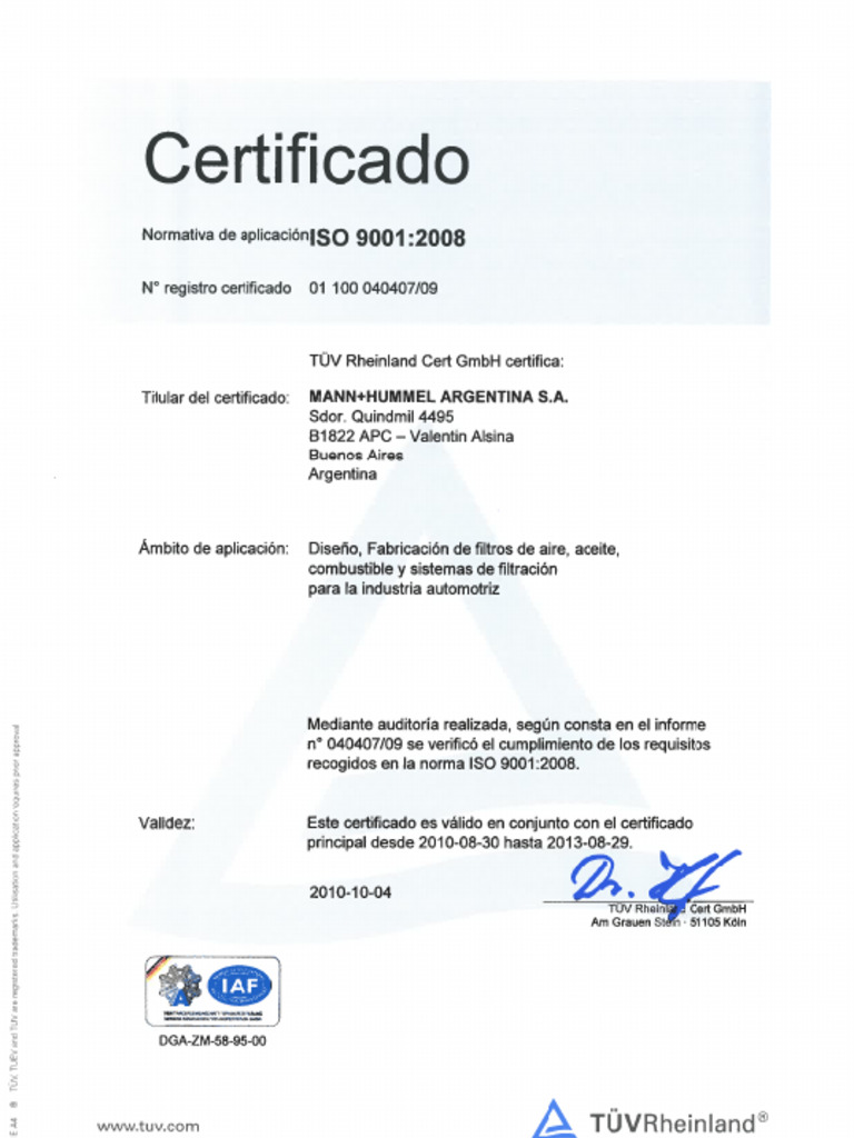 Certif - Iso 9001.2008 Mann Argentina | PDF