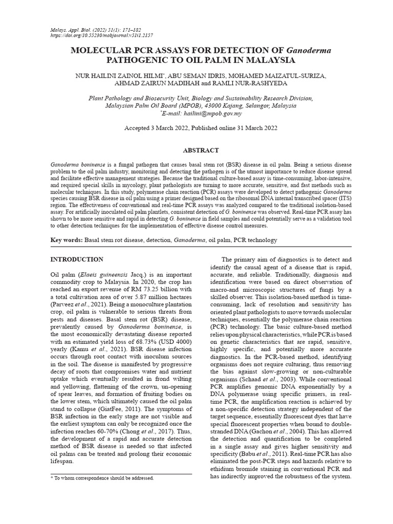 Molecular PCR Assays For Detection of Ganoderma Phatogenic To Oil Palm ...