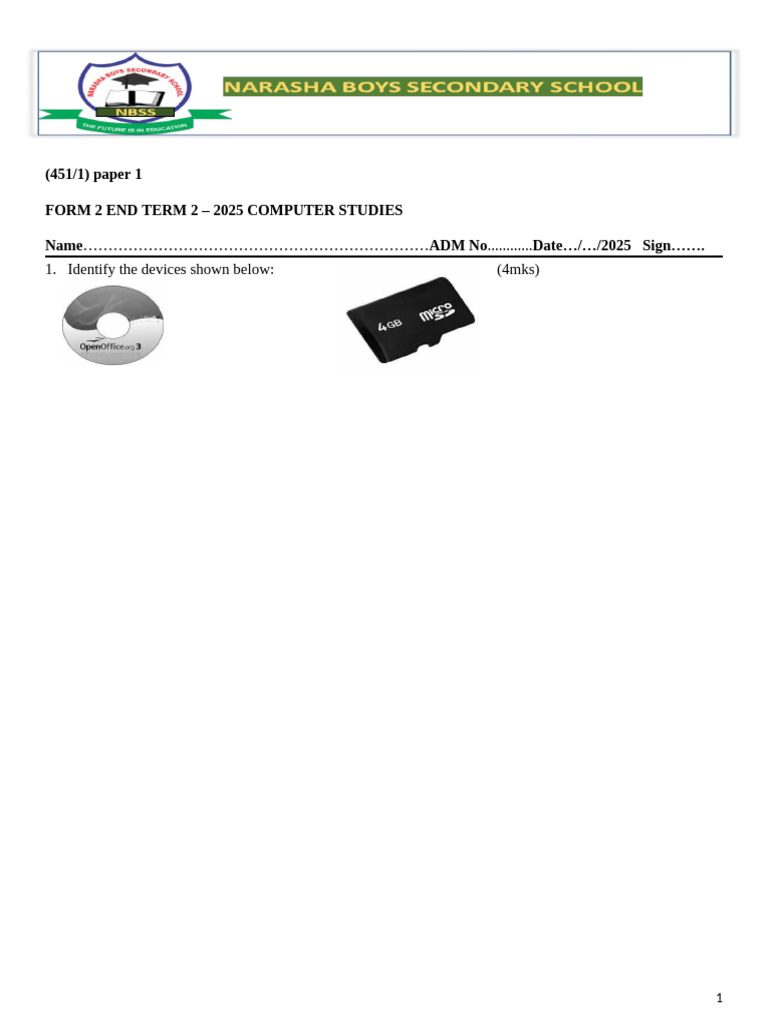 Computer Form 2 End Term 2 | PDF | Microsoft Word | Computing