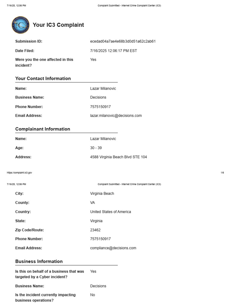 Complaint Submitted - Internet Crime Complaint Center (IC3) | PDF ...