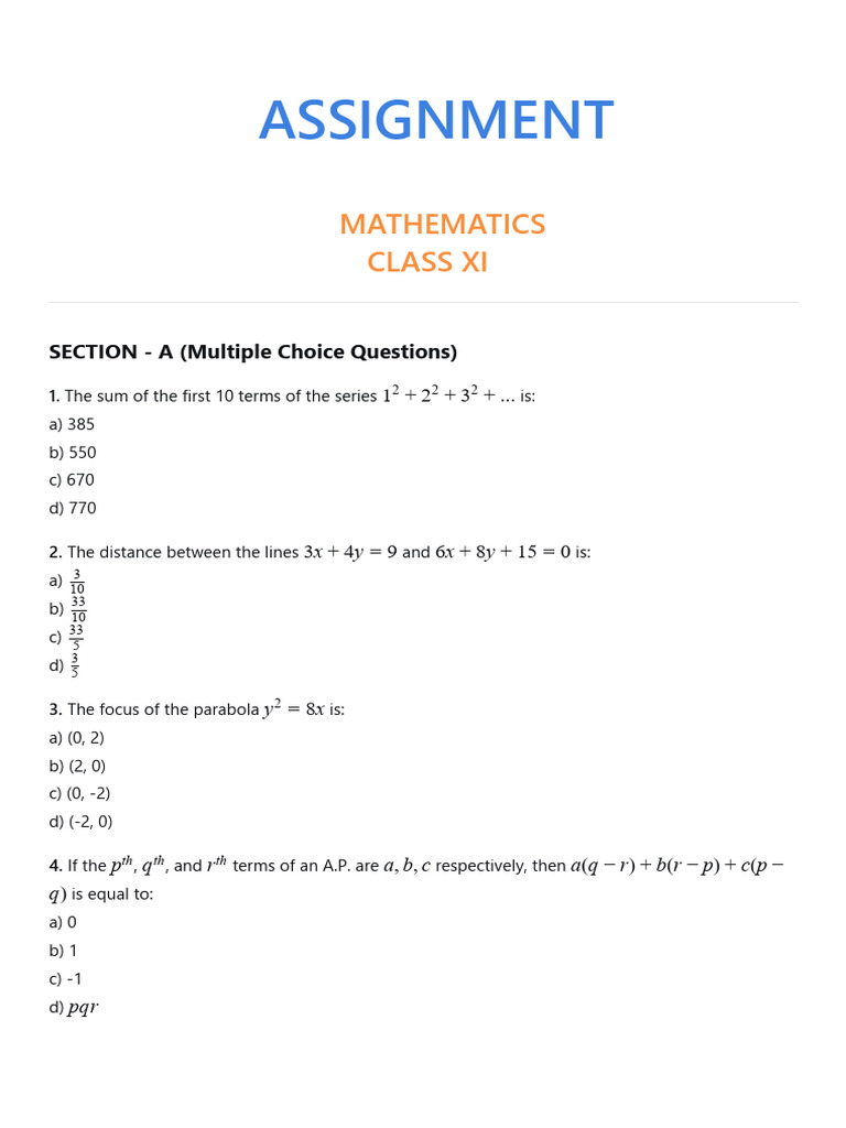 CBSE Class XI Math Assignment Preparation | PDF | Perpendicular ...