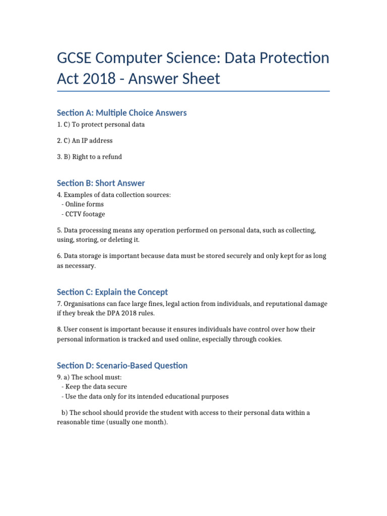 Data Protection Act 2018 Answer Sheet | PDF