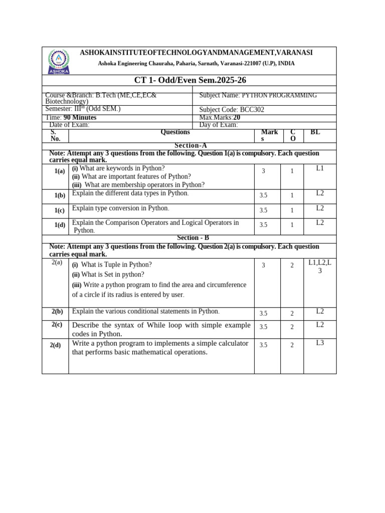 Python Programming Bcc302 (Set2) | PDF