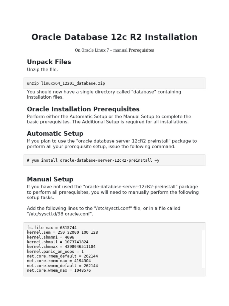 Install Prerequisites & Oracle Software & Database 12c | PDF ...