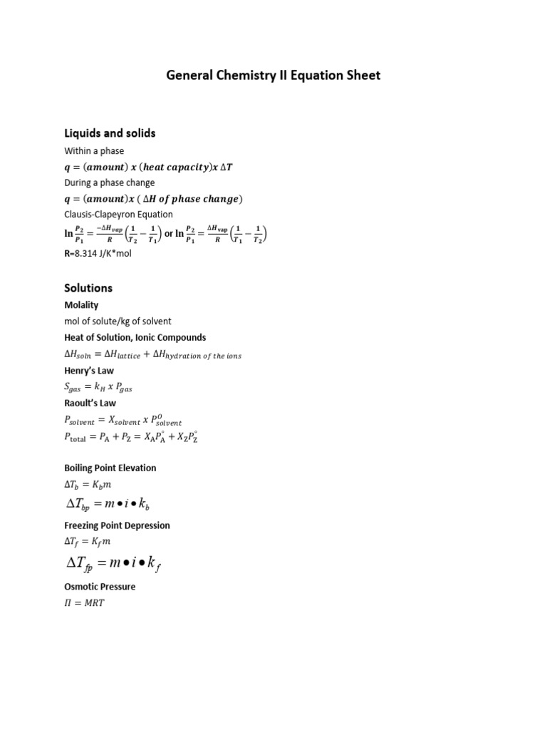 General Chemistry II Equation Sheet | PDF | Chemical Equilibrium ...