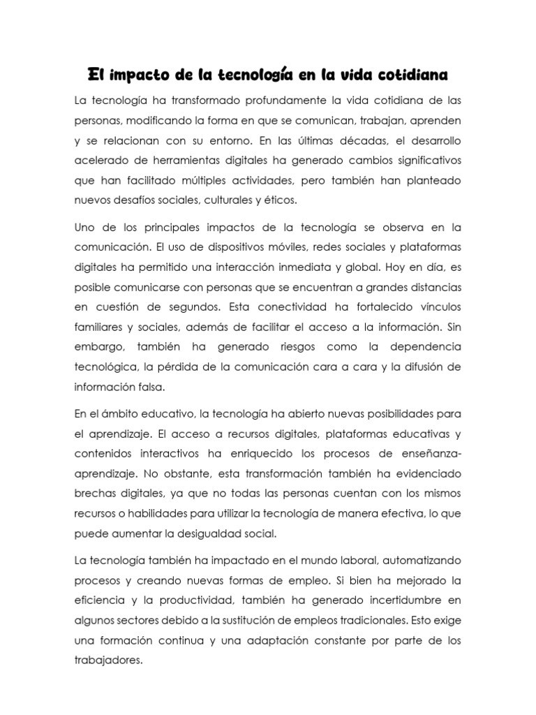 El Impacto de La Tecnologia en La Vida Cotidiana ENSAYO | PDF