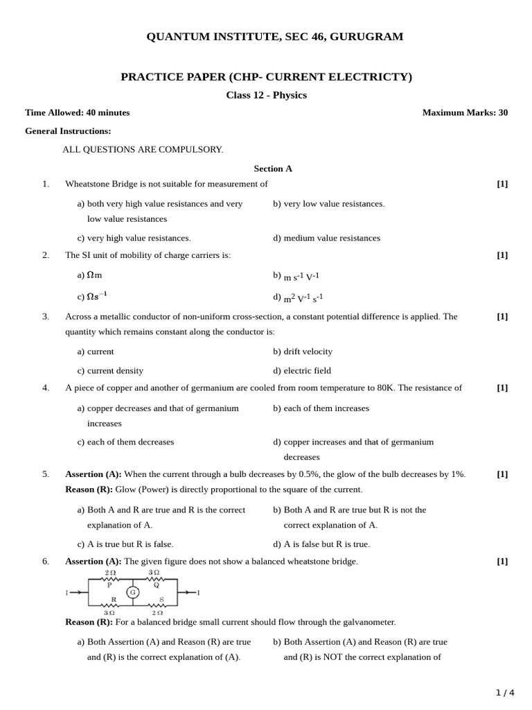 Quantum Institute, Sec 46, Gurugram: Class 12 - Physics | PDF ...