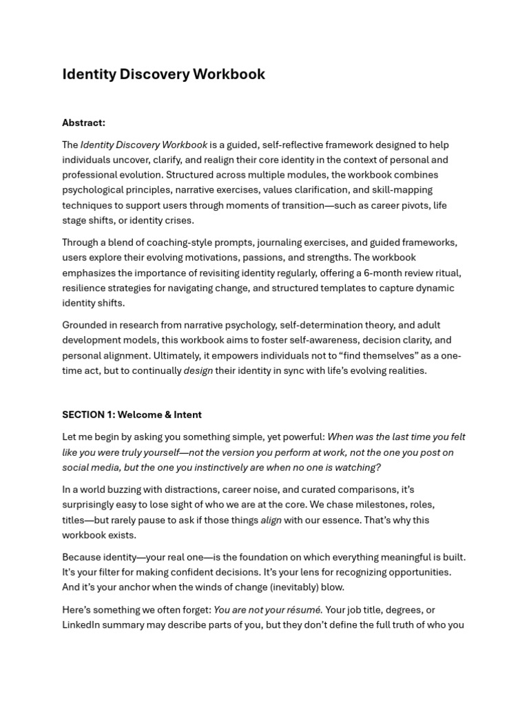 Identity Discovery Workbook | PDF | Identity (Social Science) | Narrative