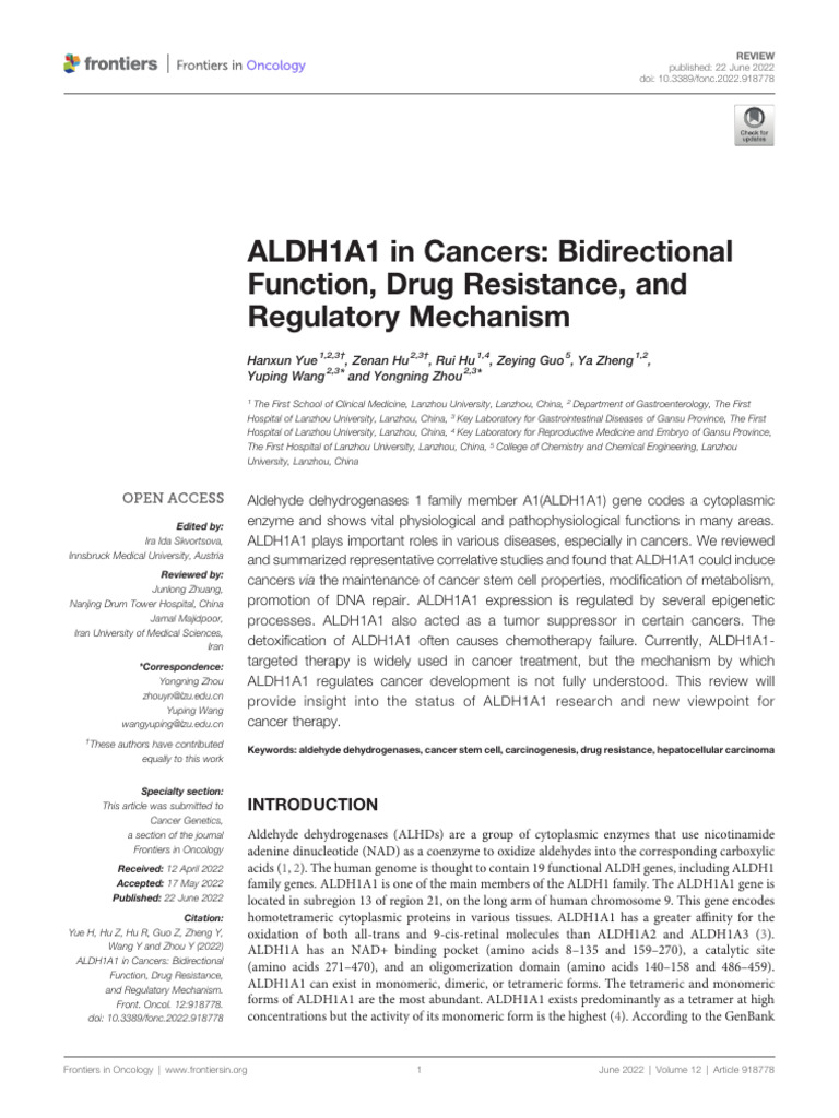 ALDH1A1 in Cancers - Bidirectional Function, Drug Resistance, and ...