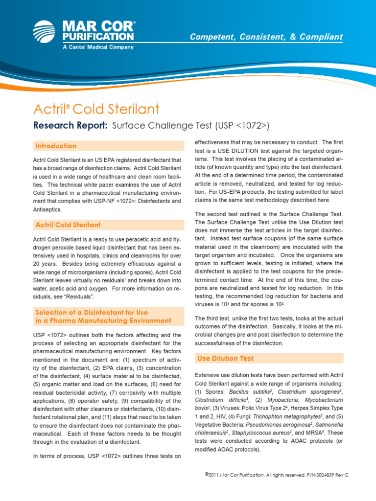 Surface - Challenge - Test - USP 1072 | PDF | Disinfectant ...