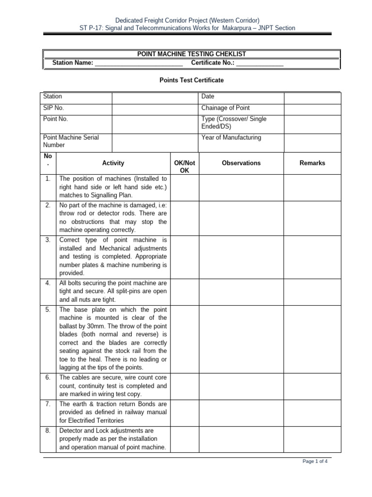 Point Machine Testing Checklist | PDF | Manufactured Goods | Electrical ...