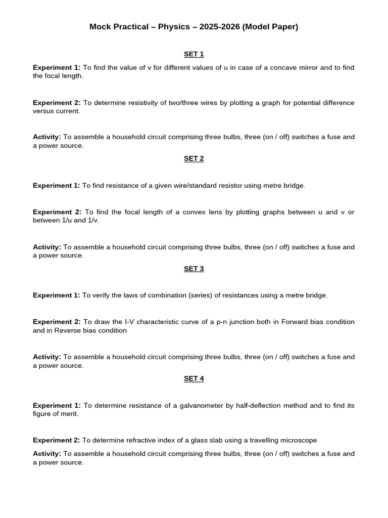 XII - Mock Practical - Physics Model Paper | PDF