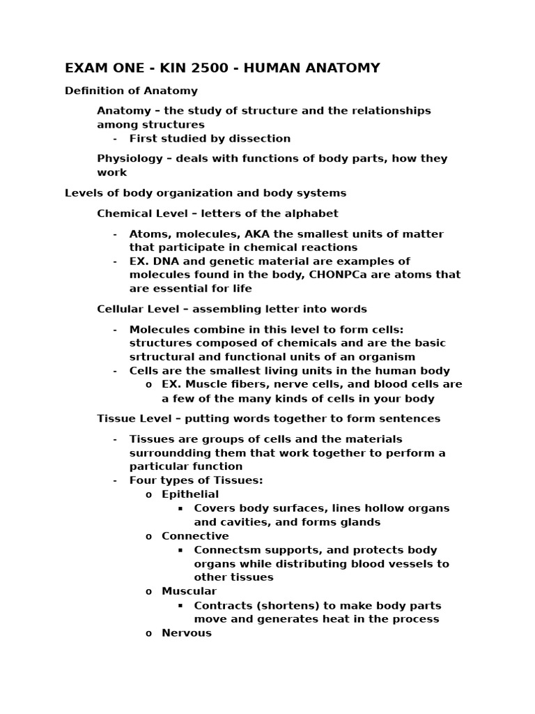 Chapter 1 (Exam One) - Kin 2500 - Human Anatomy | PDF | Human Body ...