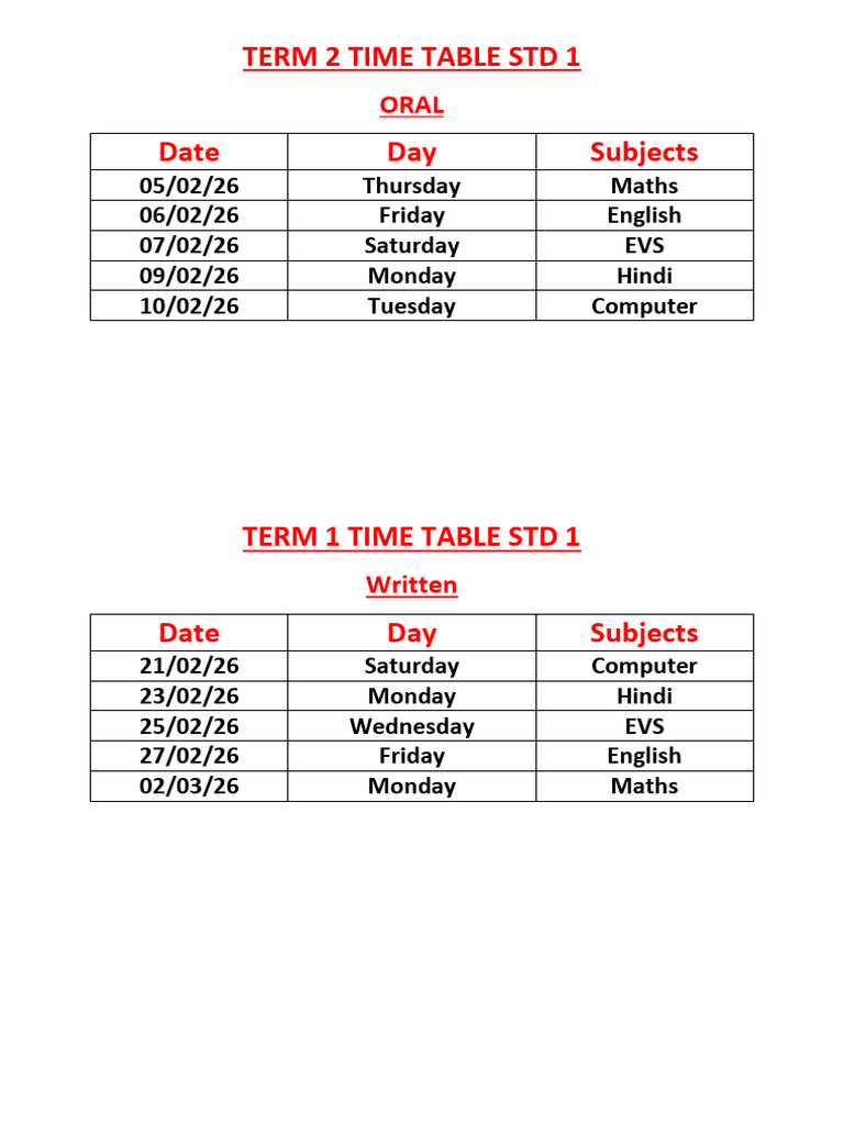 STD 1 Term 2 Datesheet | PDF