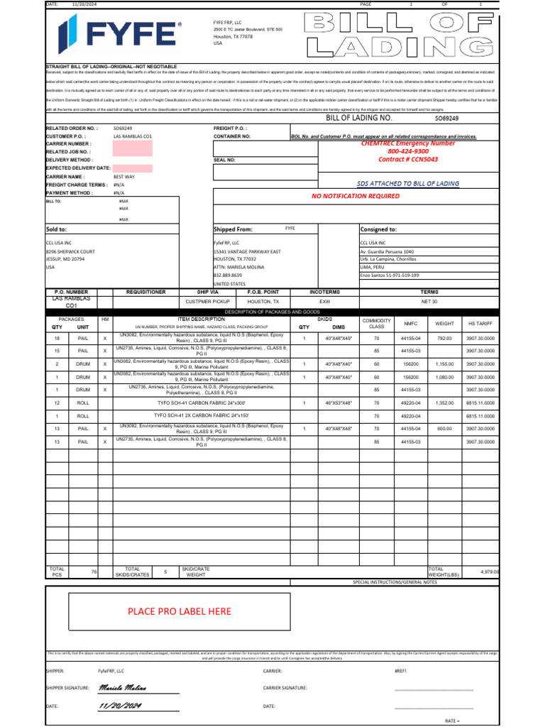 Bol 69249 & 69282 5 Skids Total | PDF | Cargo | Bill Of Lading