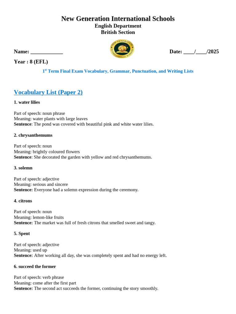 Vocab, grammar, & writing lists | PDF | Part Of Speech | Verb