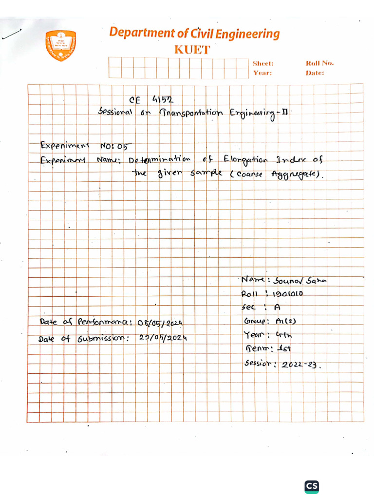Exp 05 - Elongation Index - CE 4152 - 10s) - Sourov - KUET19 | PDF