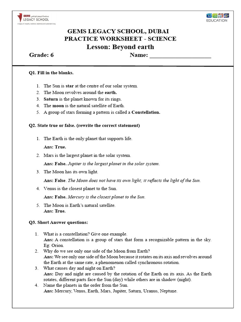 Practice Worksheet - Beyond Earth - Answer Key | PDF | Planets | Solar ...