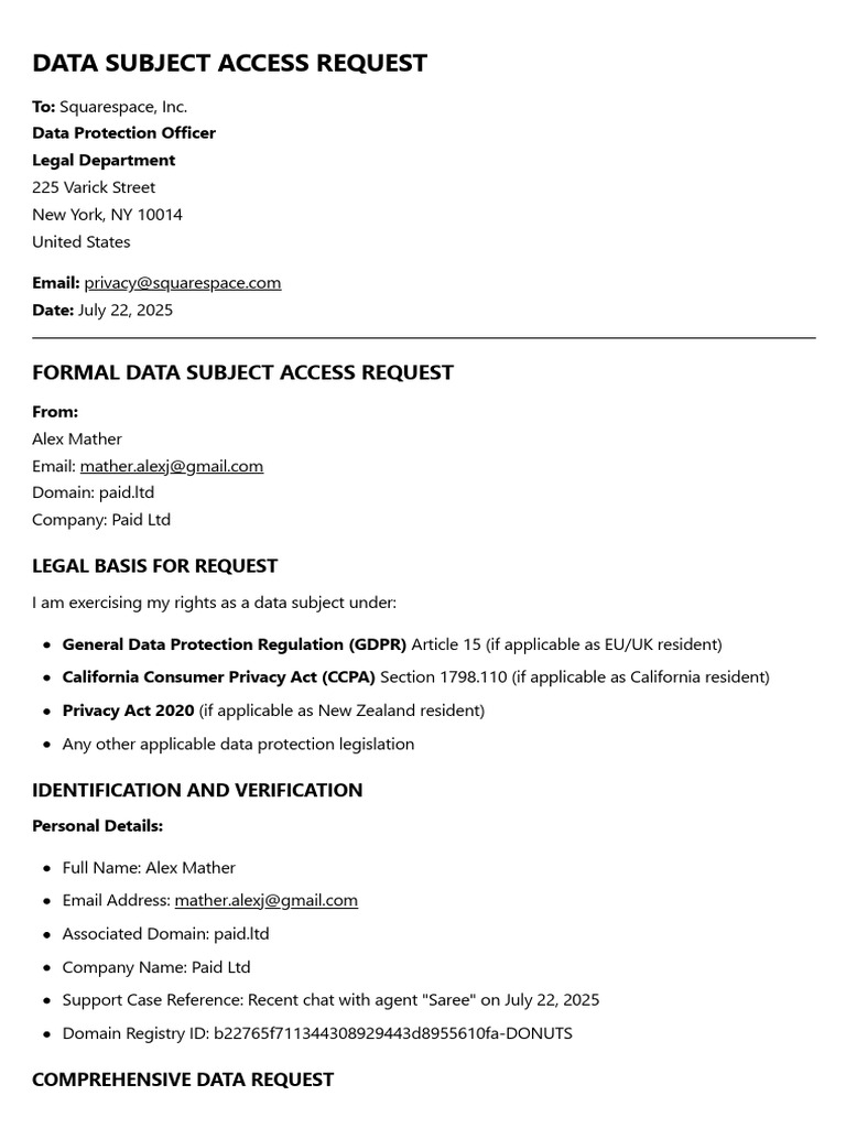 Data Subject Access Request To Squarespace | PDF | Identity Document ...