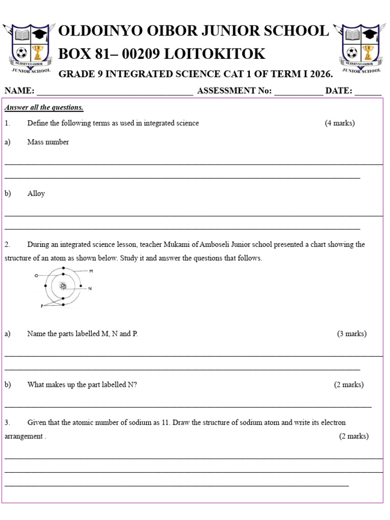 Grade 9 Integrated Science Cat 1 of Term I 2026 | PDF | Atoms | Metals