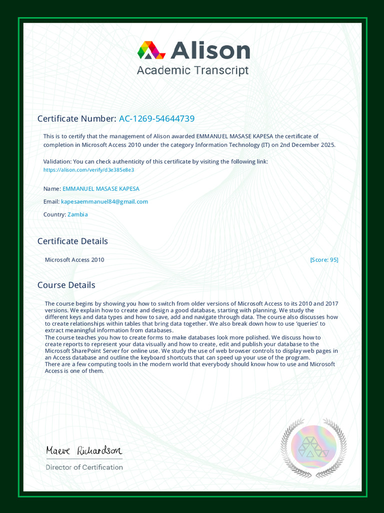 Alison-Transcript Microsoft Access 2010 | PDF