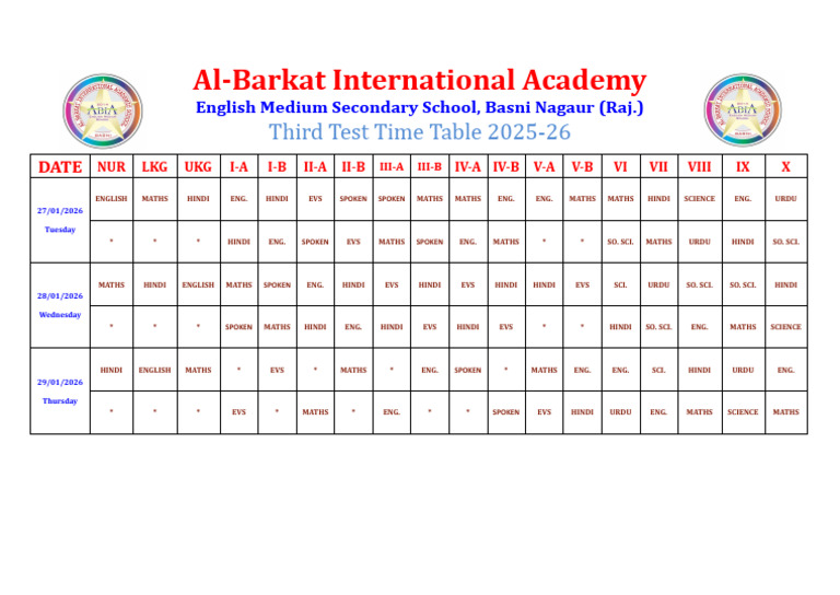 Third Test Time-Table 2025-26 | PDF