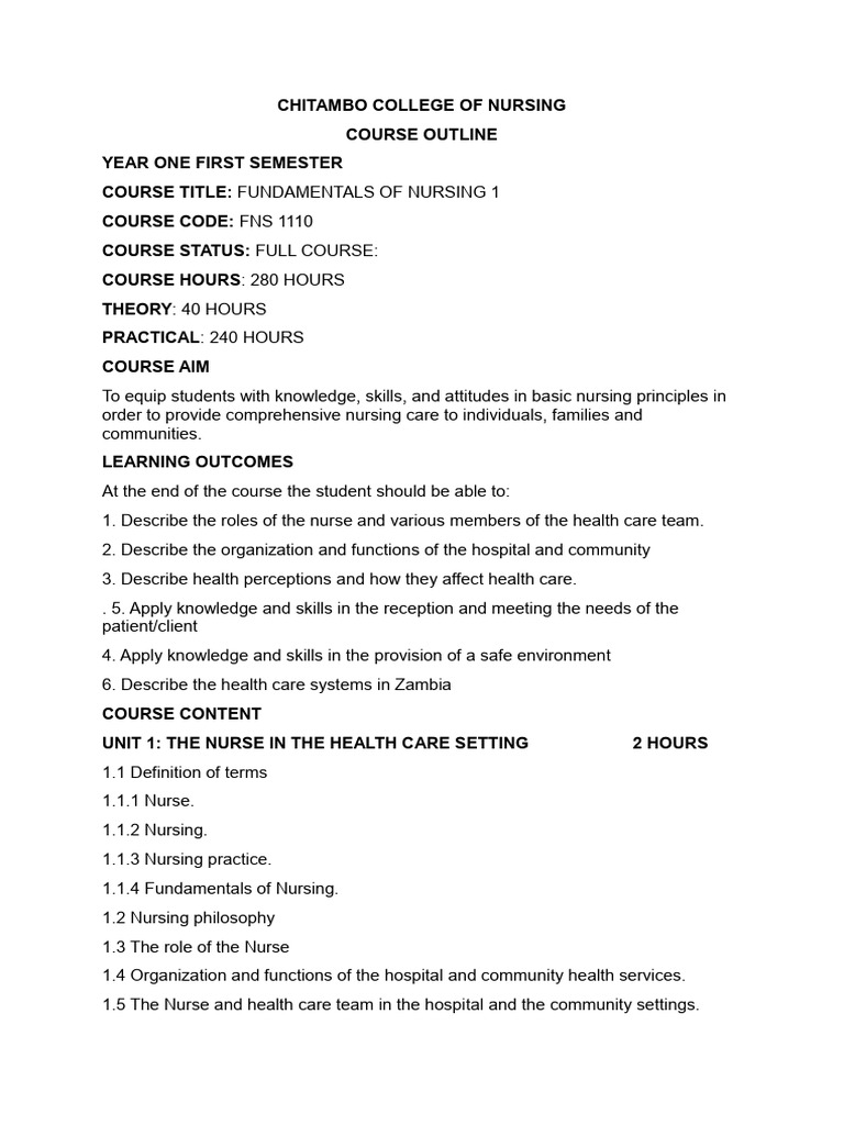Fundamentals of Nursing Course Outline | PDF | First Aid | Nursing