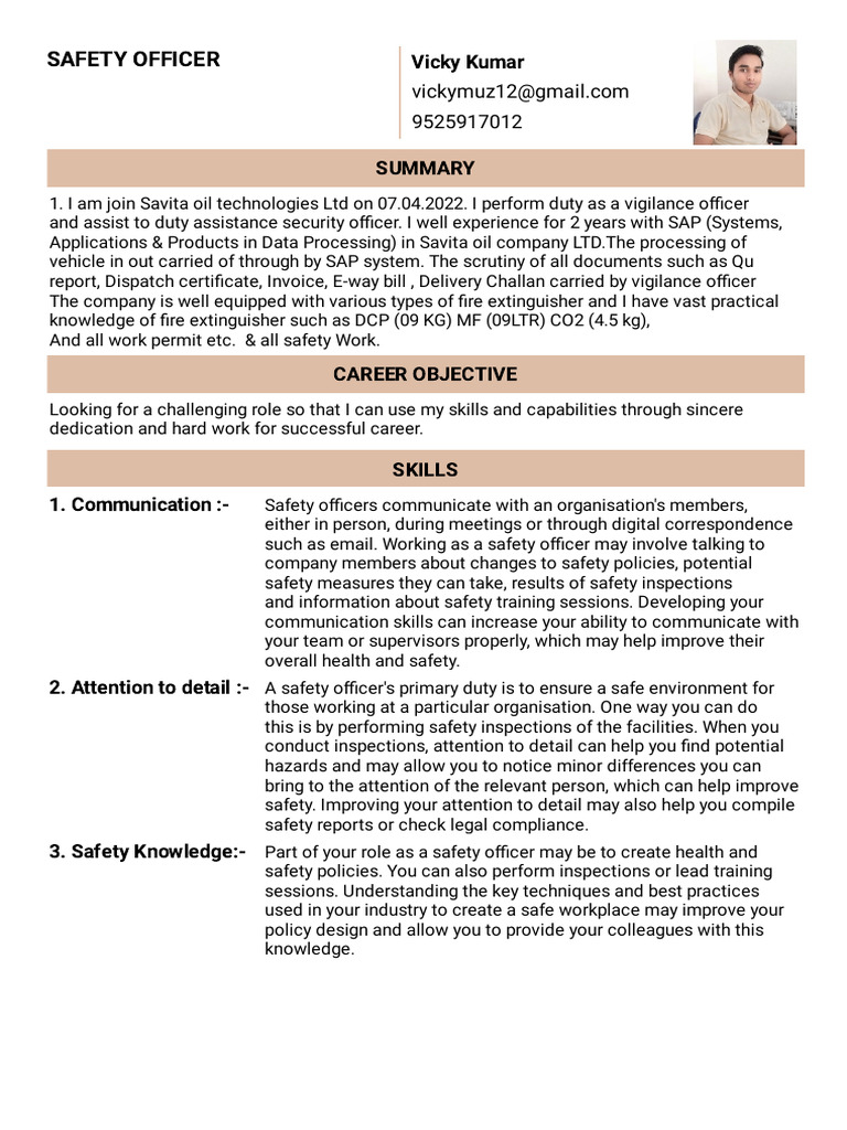 Resume Safety Officer | PDF | Safety | Occupational Safety And Health