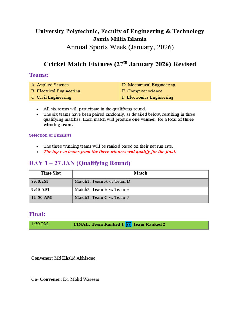 Revised - Schedule and Fixture For Cricket Tournament | PDF