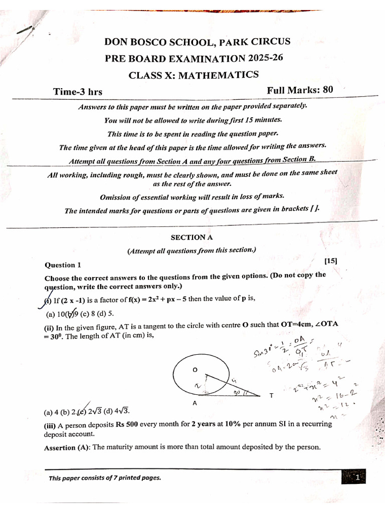 DBPC Class 10 Pre Board Paper 2026 MATHS | PDF