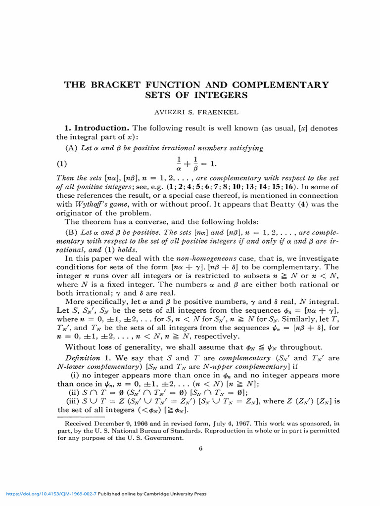 The Bracket Function and Complementary Sets of Integers | PDF ...