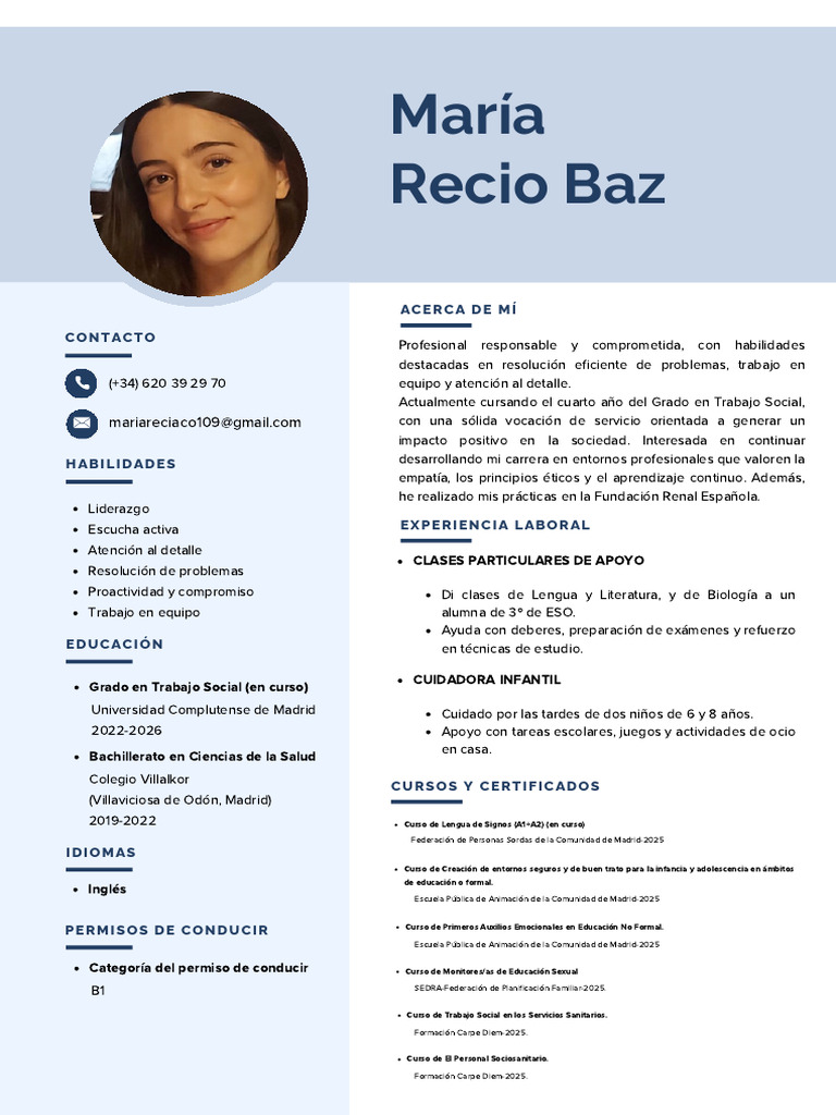 Currículum Vitae de María Recio Baz | PDF | Trabajo Social | Aprendizaje