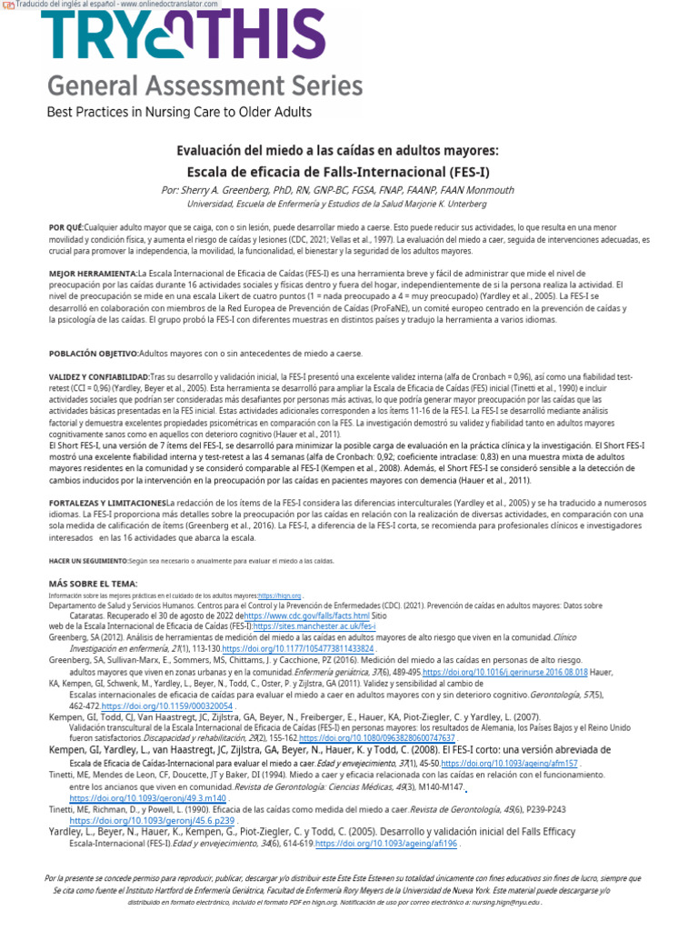Escala de Eficacia de Falls-Internacional (FES-I) | PDF | Validez ...