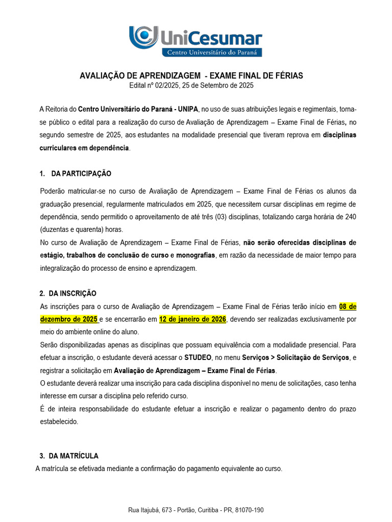 Edital 2025.2 - Exame Final - CTA Ok | PDF | Aprendizado